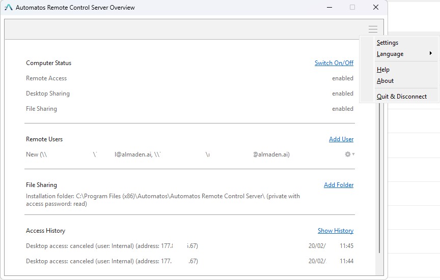 SRA Cfg2 Configuration - Automatos Remote Control Server